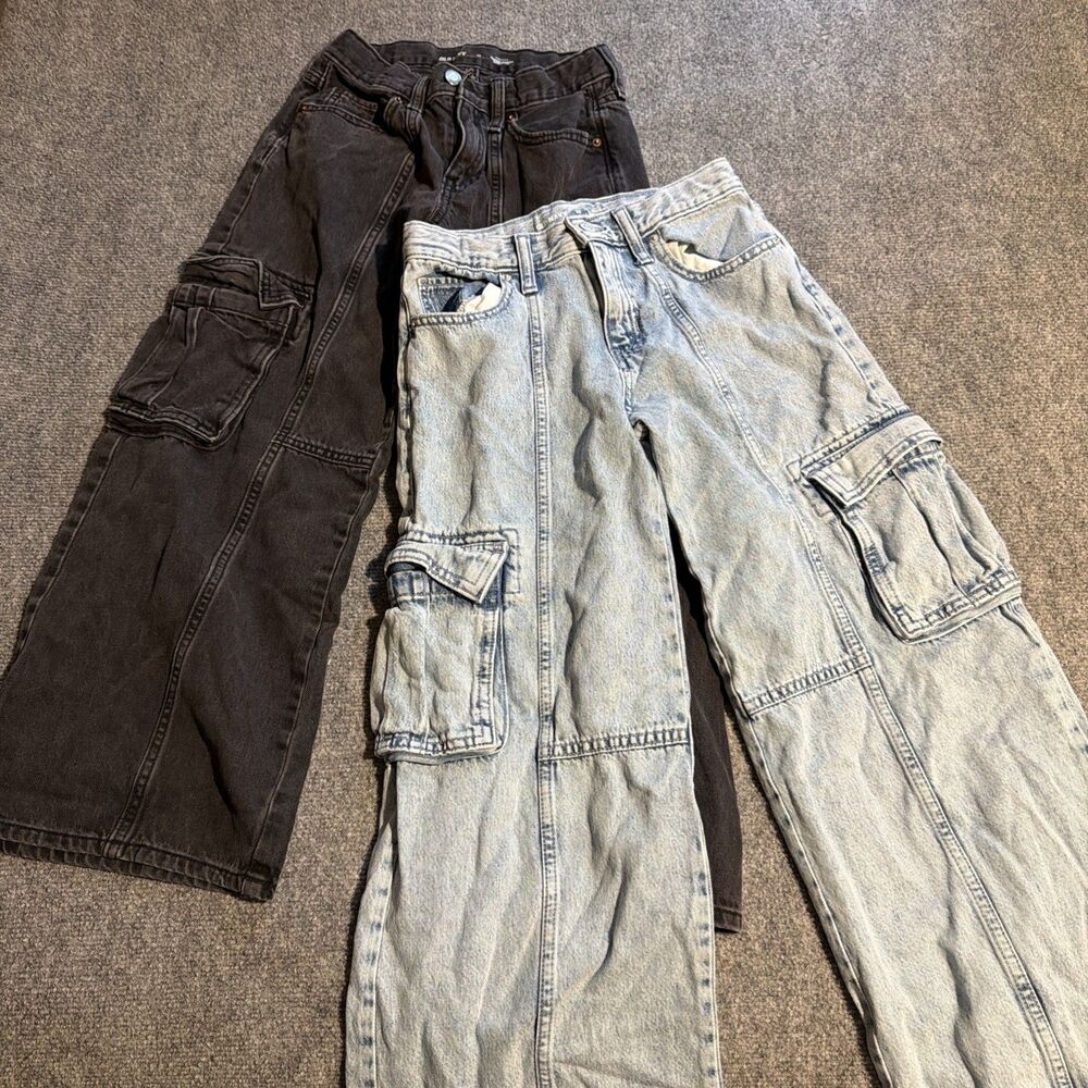 Lot of 2 Old Navy Super Baggy Wide Leg Cargo Jeans Girls Size 12 Blue & Black